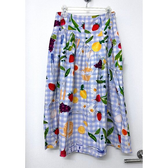 NWT Lisa Says Gah Maeve Picnic Alfresco Midi Skirt Food Vegetable Blue Gingham M - Picture 3 of 14